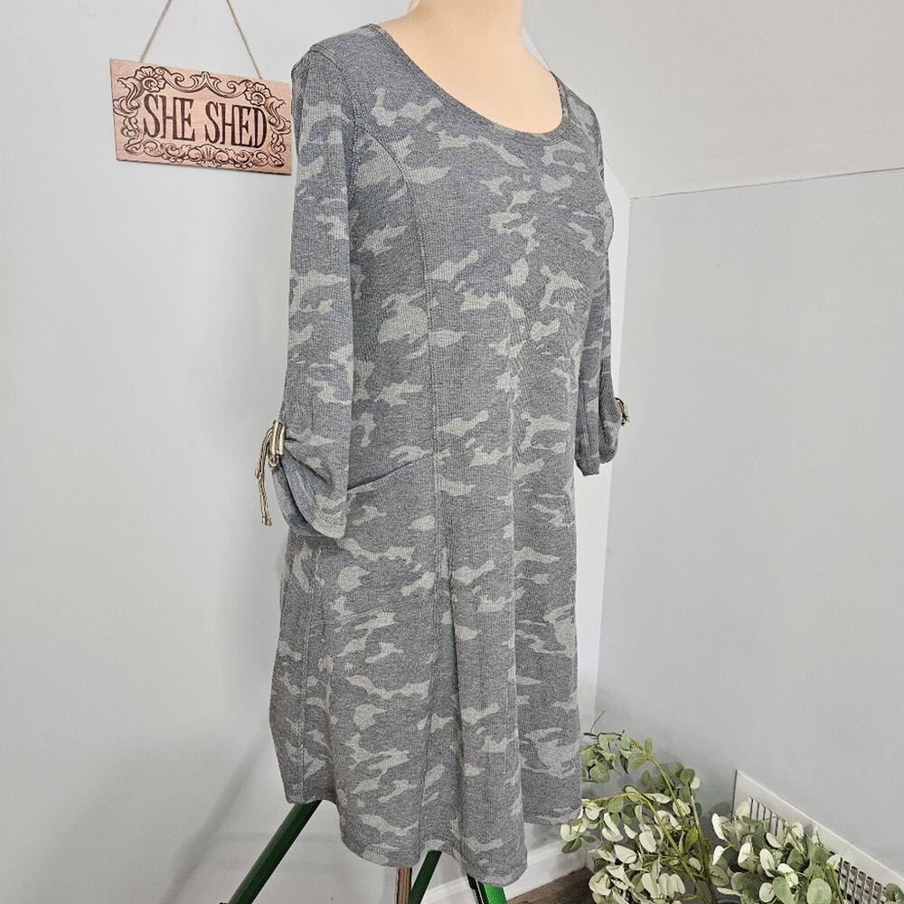 New Tribal Jeans Gray Green Camo Scoop Neck Tunic Dress 3/4 Bow Sleeves Pocket - Picture 4 of 16